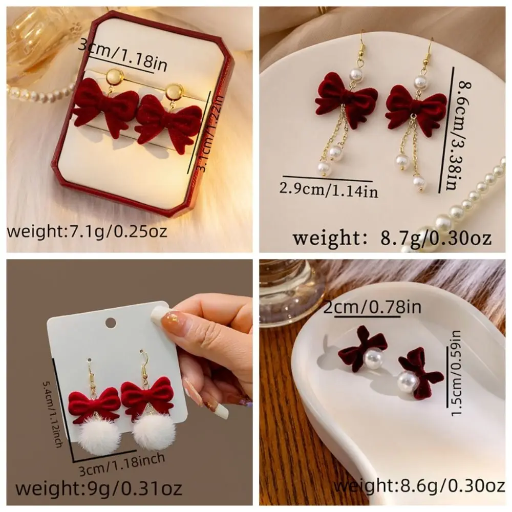 سبائك الزنك بورجوندي يتدفقون القوس أقراط مجوهرات حمراء القوس استرخى أقراط يتدفقون سلسلة شرابة طويلة هدية السنة الجديدة