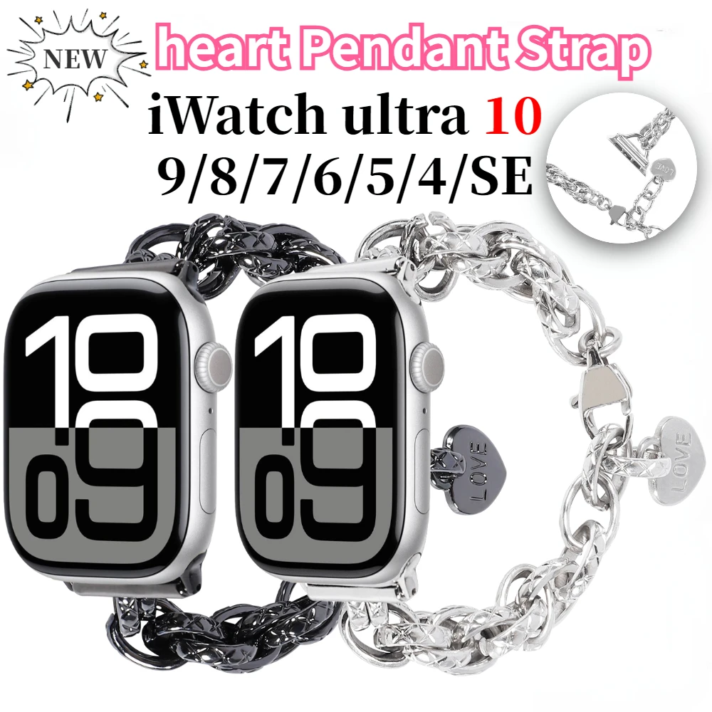 Correa de Metal para Apple watch 49mm 46mm 45mm 41mm 44mm 40mm 42mm colgante de corazón reemplazar pulsera iWatch ultra 10 9 8 7 6 5 4 SE