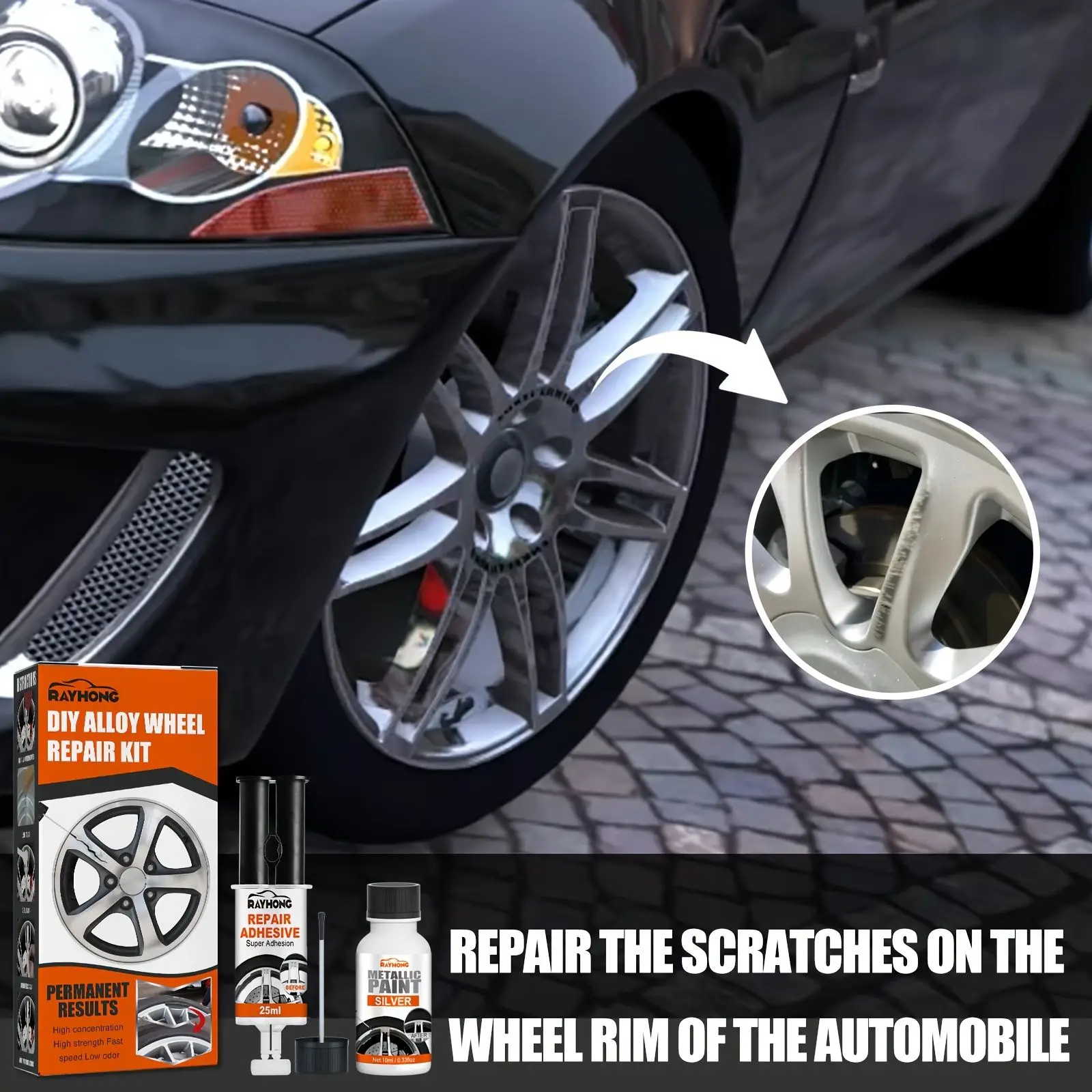 Professional Alloy Wheel Repair Kit, Permanent Fix for Scratches, Restores Glossy Silver Finish with Complete Tools