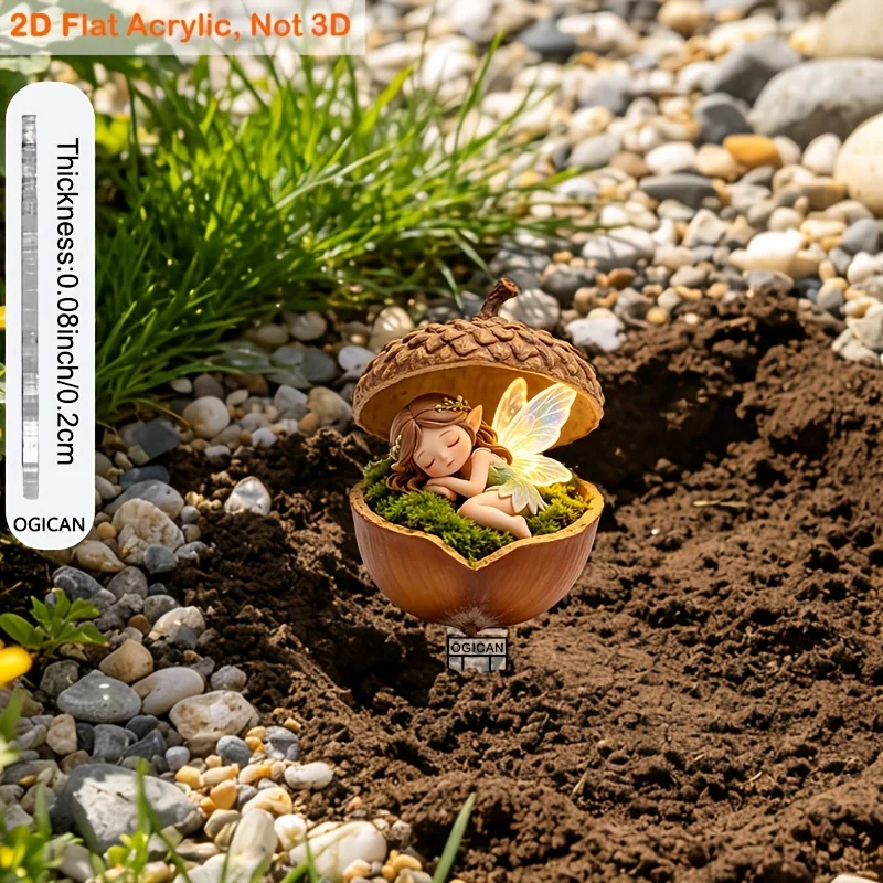 2D Acrylic Sleeping Fairy for Garden Decor, Chestnut Shell Pattern, Whimsical Art for Flower Bed, Yard & Desk