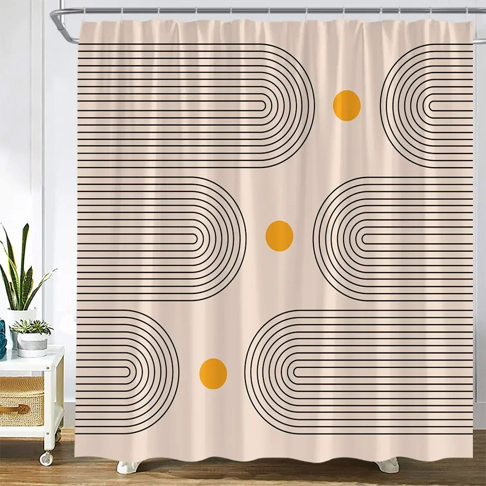 Creative Mid Century Shower Curtain Black Line Sun Geometric Abstract Art Printed Modern Nordic Bathroom Decor Bath Curtains Set