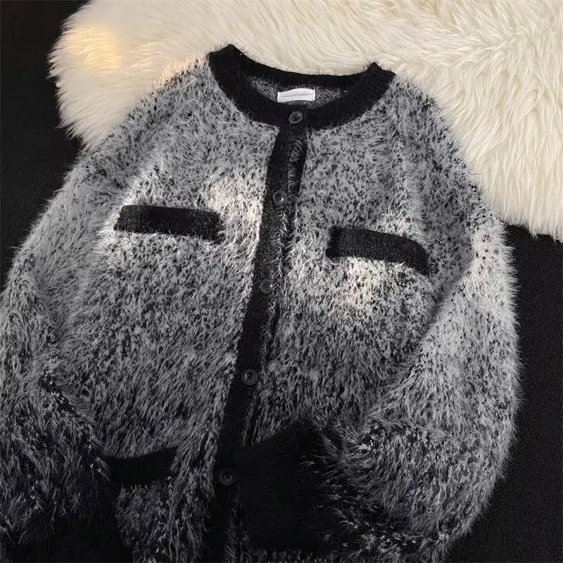 

Watercolor adient Splicing Color Design Knitted Sweater Car Coat Autumn Winter Simple High-End Mink Knitwear ex
