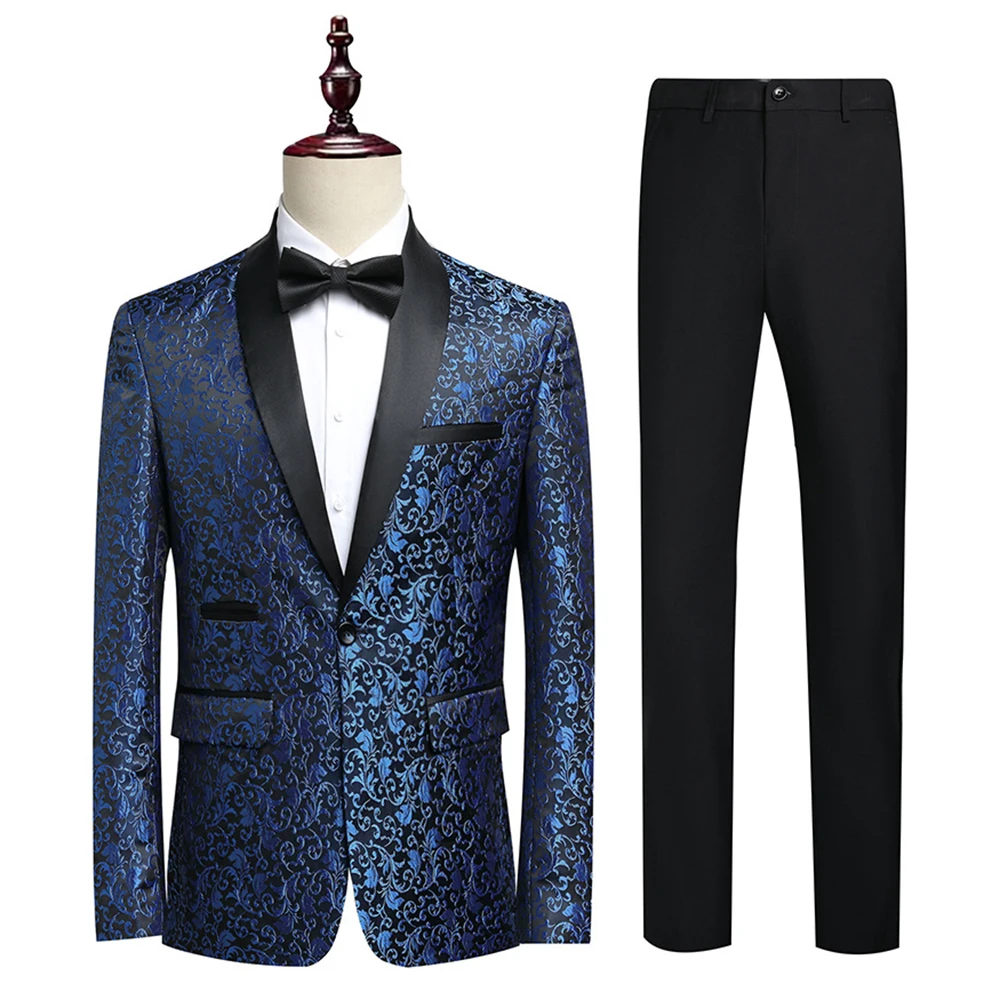 

Men's Blue Floral Jacquard Blazer Tuxedo Jacket Stylish Formal Suit Coat For Wedding Party Prom Dinner Event Male Suit Blazers