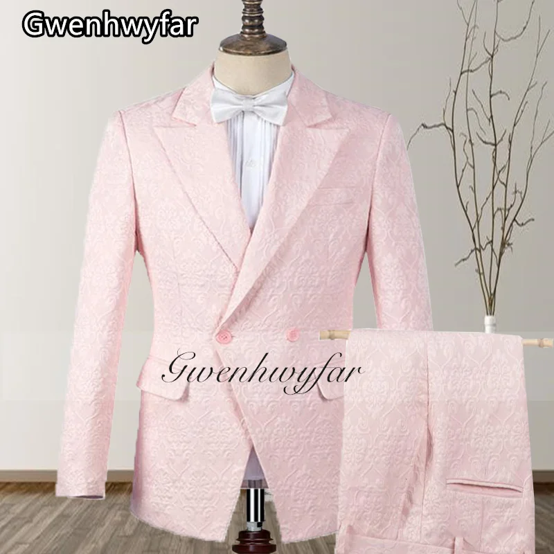 Gwenhwyfar Latest Design Peaked Lapel Double Breasted Tuxedo Striped Graphics Pattern Men Suit Party Prom Clothes (Jacket+Pants)