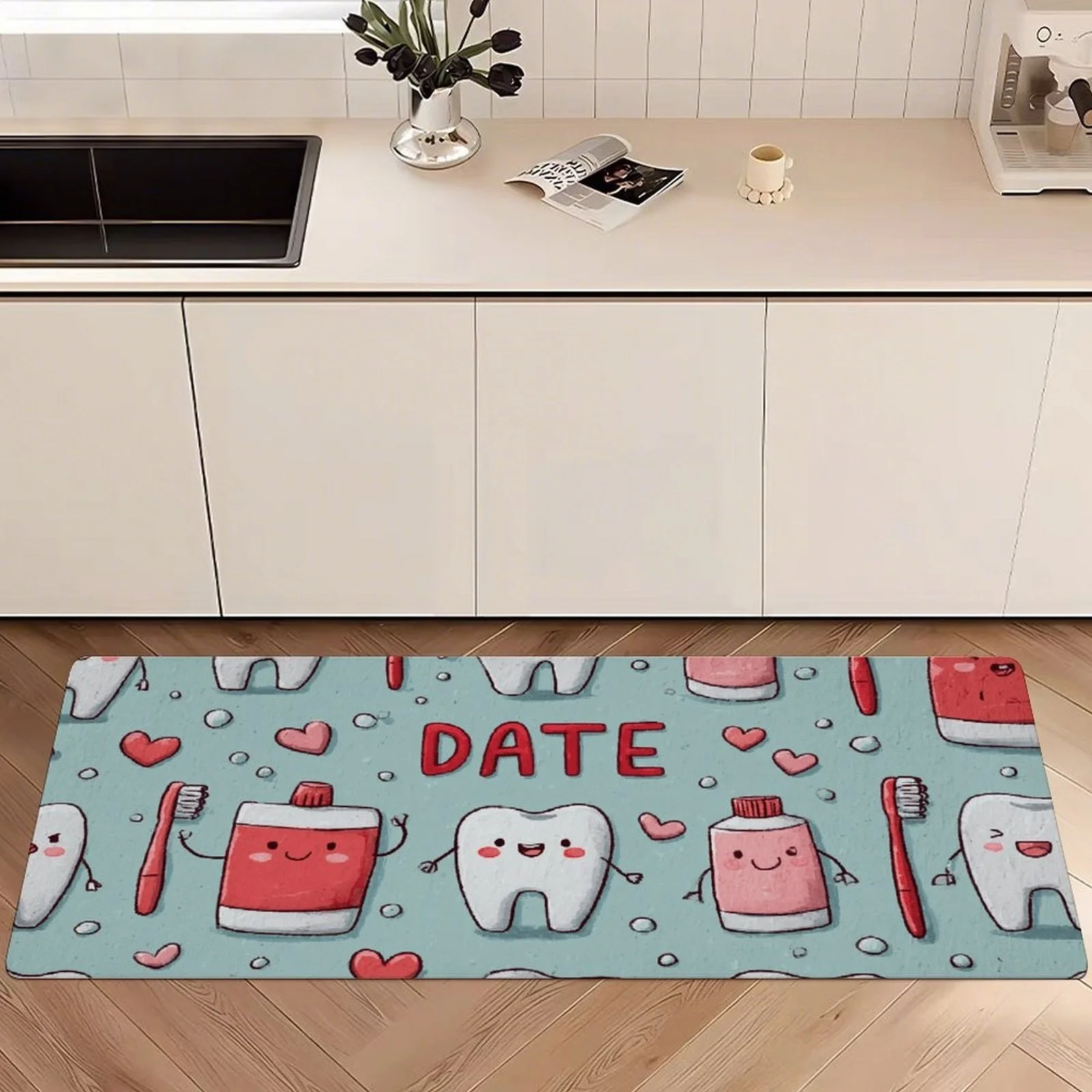 Light Cyan Cute Cartoon Tooth Toothpaste Brush Heart Print Runner Rug, non-slip mat for bathroom entry hall daily dental home