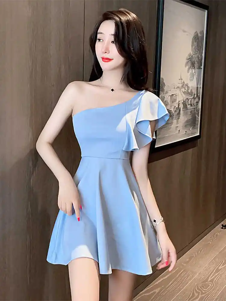 Bagnante a spalla singola a vita alta orm Sexy Nightclub Dr per le donne Pendolarismo coreano Sle Zipper A-Line ort Dr