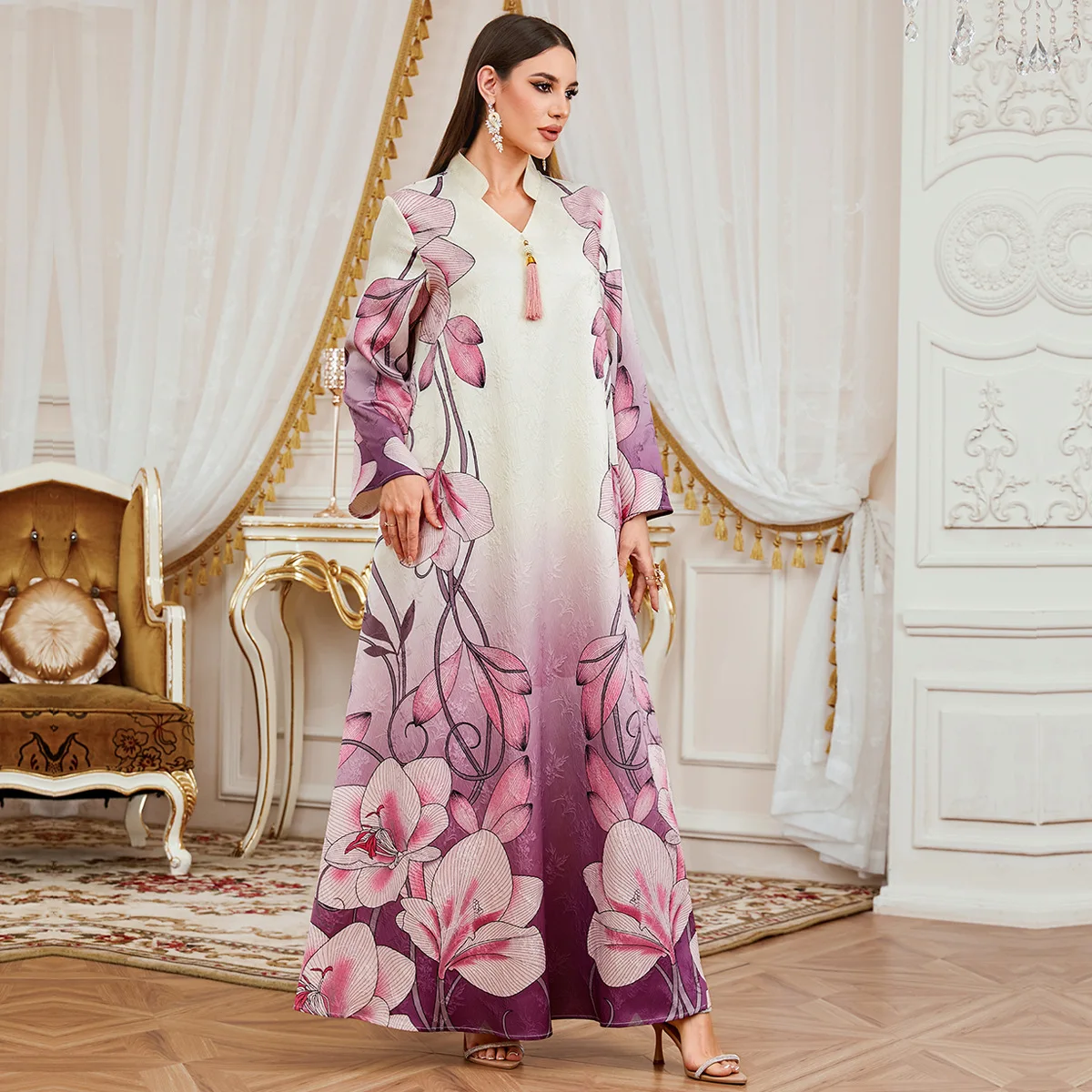 

Dubai Printed Women's 4445 Robe, Fashionable Jacquard Long Dress, Casual Dress Robe Abaya Ramadan Dubai Luxury Islam Elegant