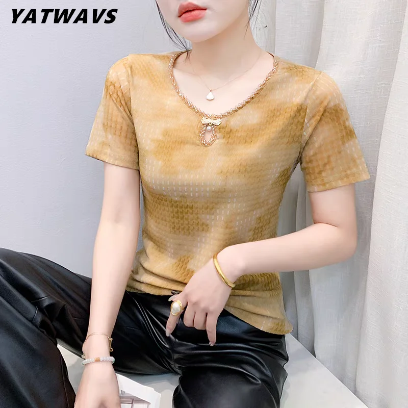 

New Arrivals Summer Chic Hollow Out Beading T-shirt Fashion O-Neck Short Sleeved Casual Women's Tops Girl Streetwear Slim Tees