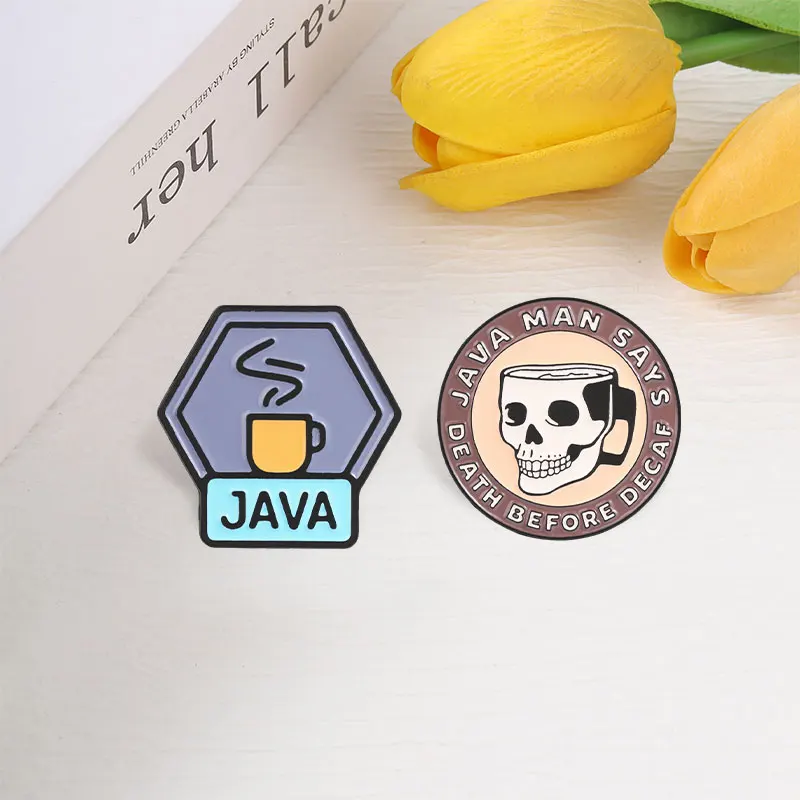 Java Coffee Death Before Decaf Enamel Pins Funny Humor Programmer Coding Skull Coffee Cup Brooches Bag Lapel Badge Jewelry Gift