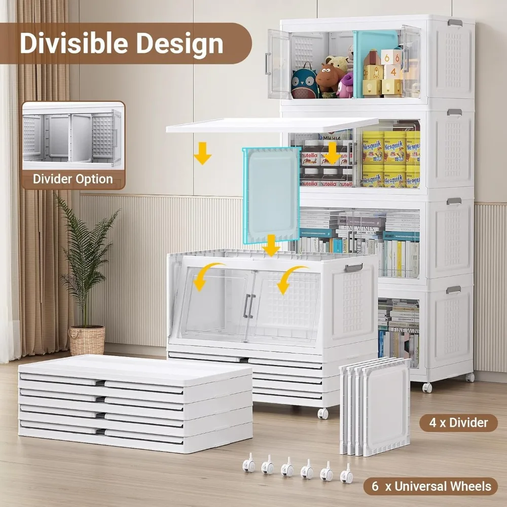 200ガロンプラスチック収納ビン、蓋と車輪付き、4パック特大積み重ね可能な収納ビン、仕切り付き、クローゼットオーガナイザーとS