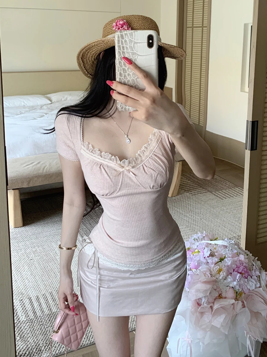 

Pure Desire Sweet Heart Lace Trim Short Sleeve T-Shirt And Halter Skirt Set Women's Fashion Summer Outfit Bodycon Style