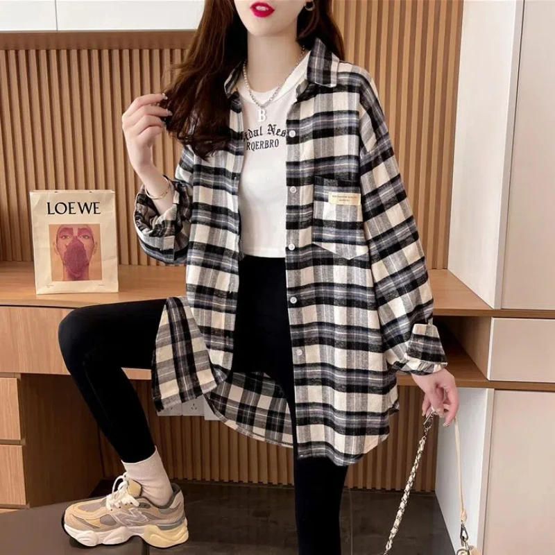 Summer Women\'s 2024 Splicing Polo Collar Button Pocket Plaid Fashion Loose Fashion Minimalist Casual Long Sleeve Blouses Shirts