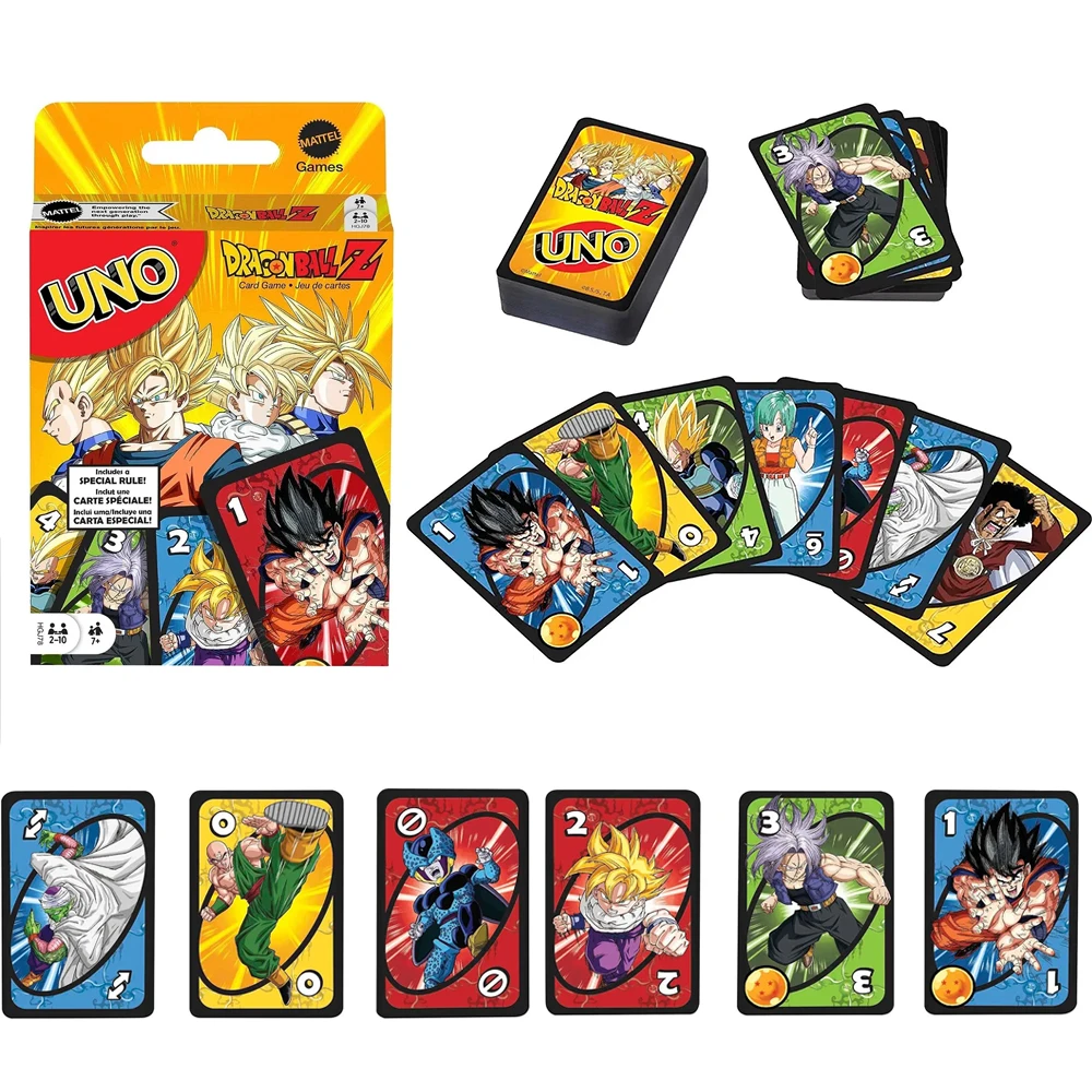 Mattel Games UNO Dragon Ball Z Card Game for Family Night Featuring Tv Show Themed Graphics and a Special Rule for 2-10 Players