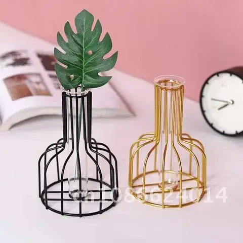 

Geometric Nordic Iron Black Golden Hydroponic Glass Vase Creative Home Flower Plant Ornament Living Room Desktop Decoration