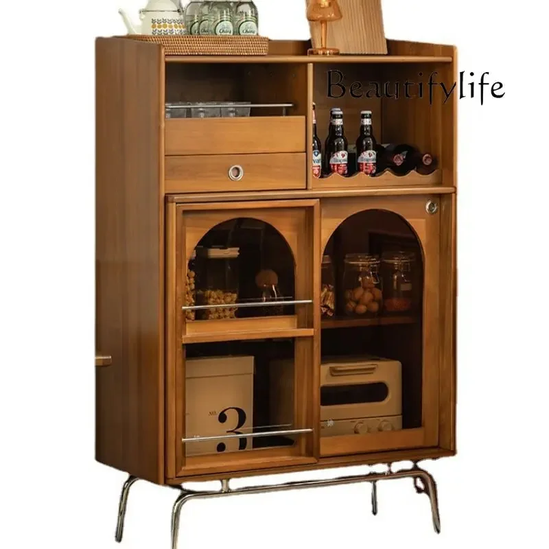 

Vintage Brown Glass Solid Wood Tea Sideboard Cabinet Living Room Wall Stainless Steel Storage Locker