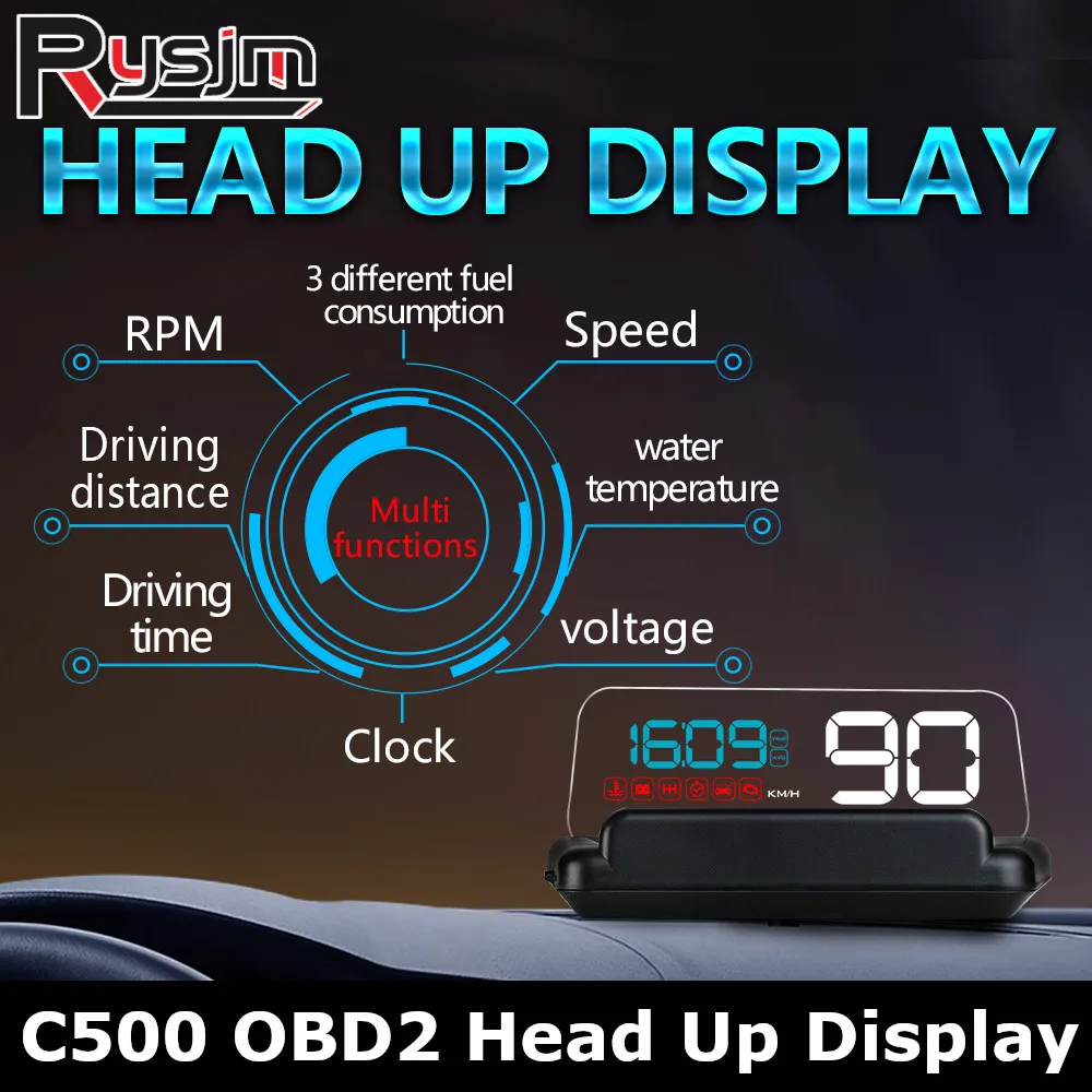 C500 OBD2 HUD Head-Up Display EOBD Car Speedometer Windshield Projector  Water Temp RPM Overspeed Alarm Auto Accessories Custom