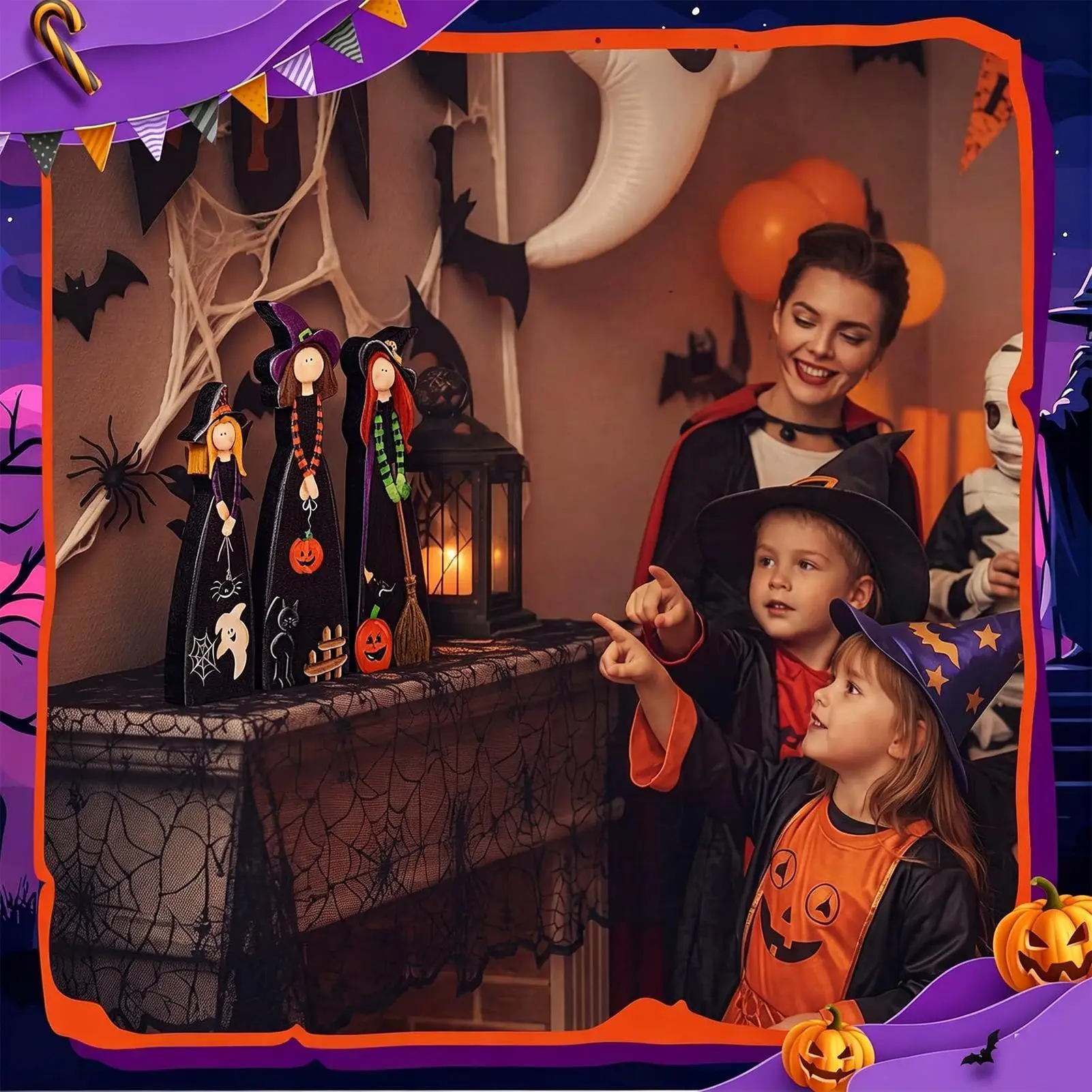 3 Pieces Witch Halloween Decor Cute Wooden Fall Farmhouse Centerpieces Halloween Table Decoration Set for Desk Shelf Windowsill