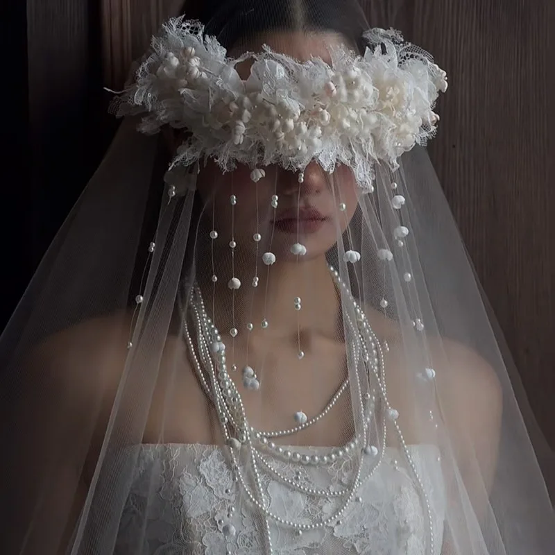 Retro French beige bridal headgear pearl lace fringed headband wedding dress wedding high-end jewelry