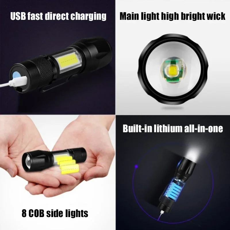 Mini Zoom Torch Built-in Battery Rechargeable LED Flashlight High Power Outdoor Camping Waterproof Tactical Flashlight Wholesale