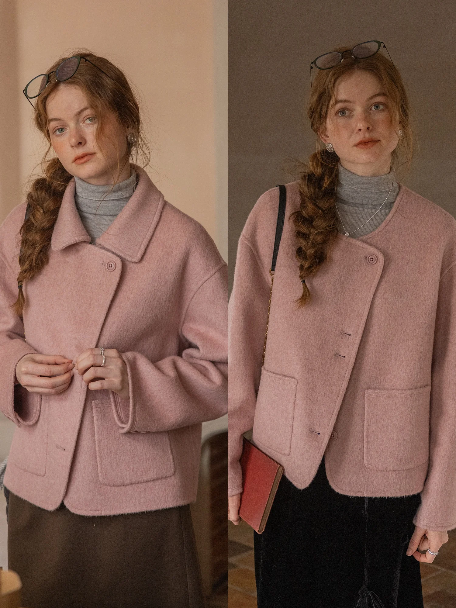 

Spring Warm Double-Faced Woolen ort Coat Women's Detachable Collar Two-Way Wearable Sli Button-Up Outerwear Jaet
