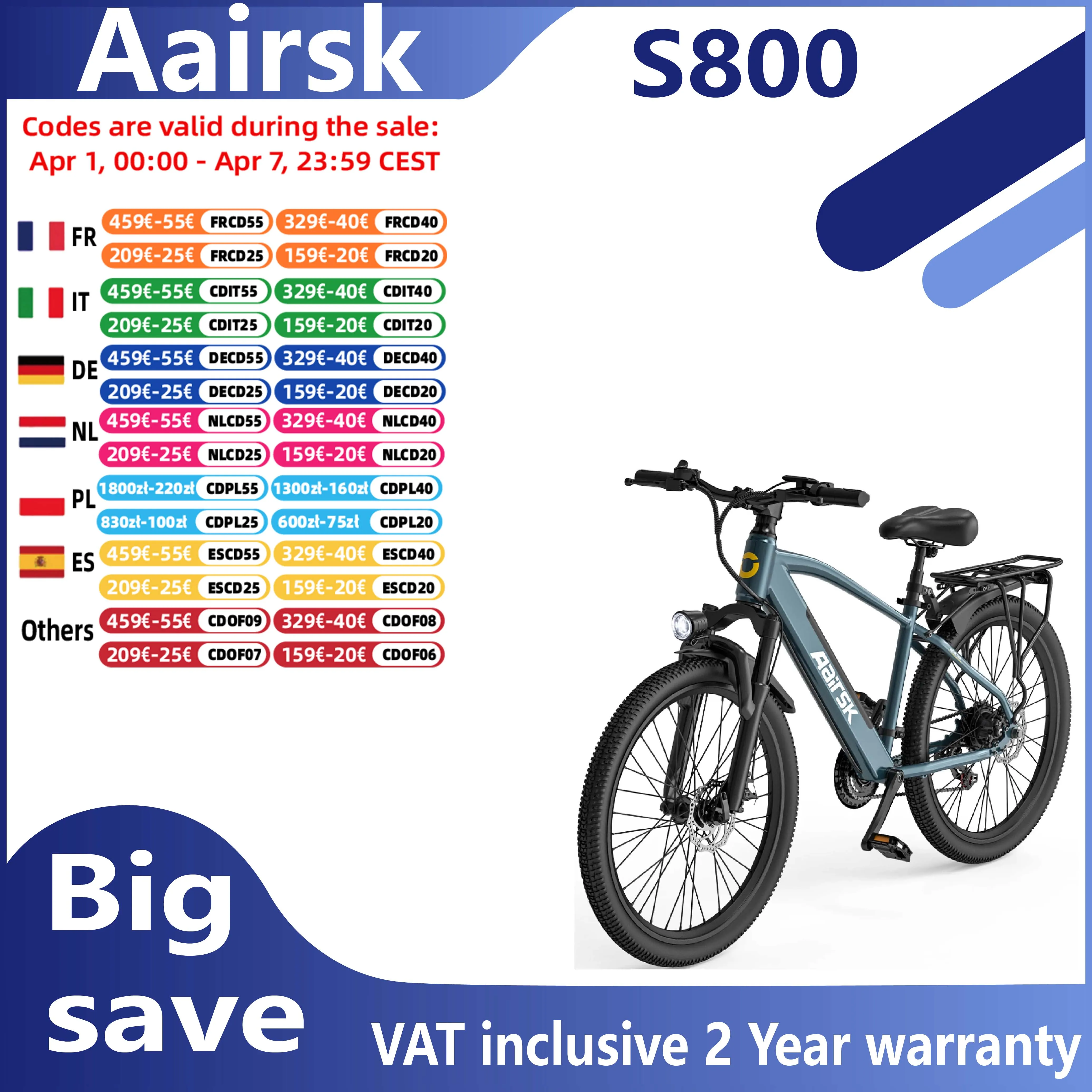 Vélo électrique pour adultes Aairsk S800, 250W, tout-terrain, batterie 36V13AH, pneus de 26 pouces, vélo électrique pour les trajets urbains