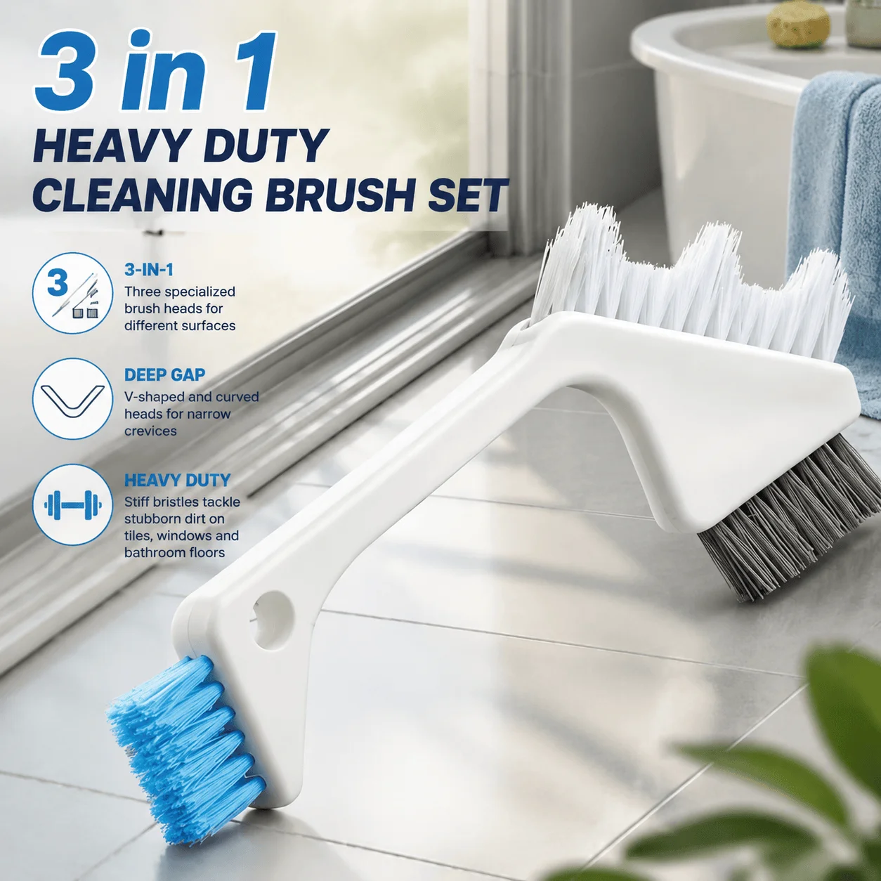 3-in-1-Reinigungsbürsten-Set, Fensterrillenreiniger, Fliesenfugenbürste, Badezimmer-Schrubbürste, Spaltreiniger, robust, multifunktional