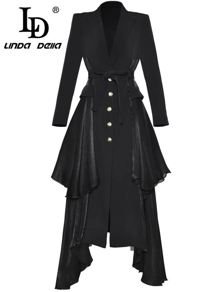 LD LINDA DELLA Flounced Edge Slim Women's Coat Notched Long Sleeved Single-Breasted Lace-Up  Autumn and Winter Overcoat