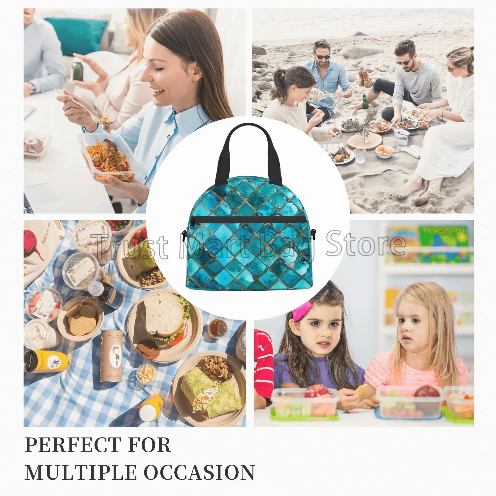 Abstract Turquoise Blue Teal Insulated Lunch Box Reusable Portable Thermal Cooler Bento Tote Bags with Adjustable Shoulder Strap