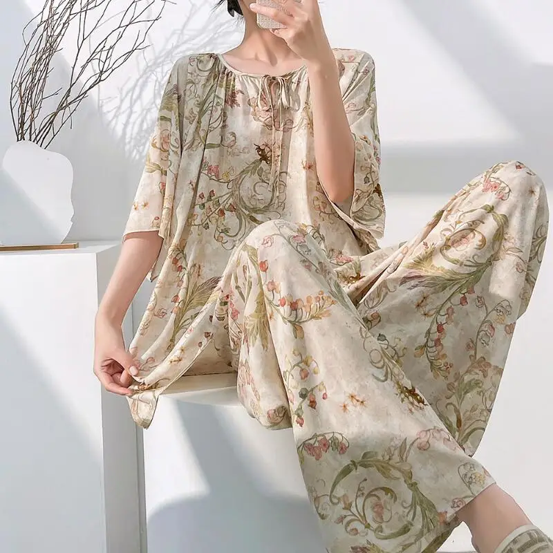 Hot 2026 Spring Summer New Women Cool Comfort Sleepwear Set Fashion Printed Loose Wide Leg Pants Large Home Clothes Two Pieceset view 6