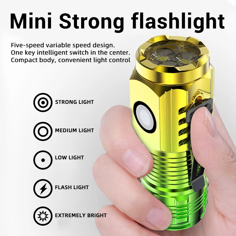

Мощный 3-светодиодный супер яркий фонарик, портативный мини-вспышка, перезаряжаемый аварийный прожектор с зажимом для ручки, фонарик