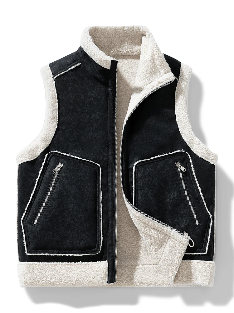 

Double-Sided Winter PU Leather Vest Thiened Fce Warm Men's Women's Faion Outerwear Stand Fit Urban Sle Zipper Clo...
