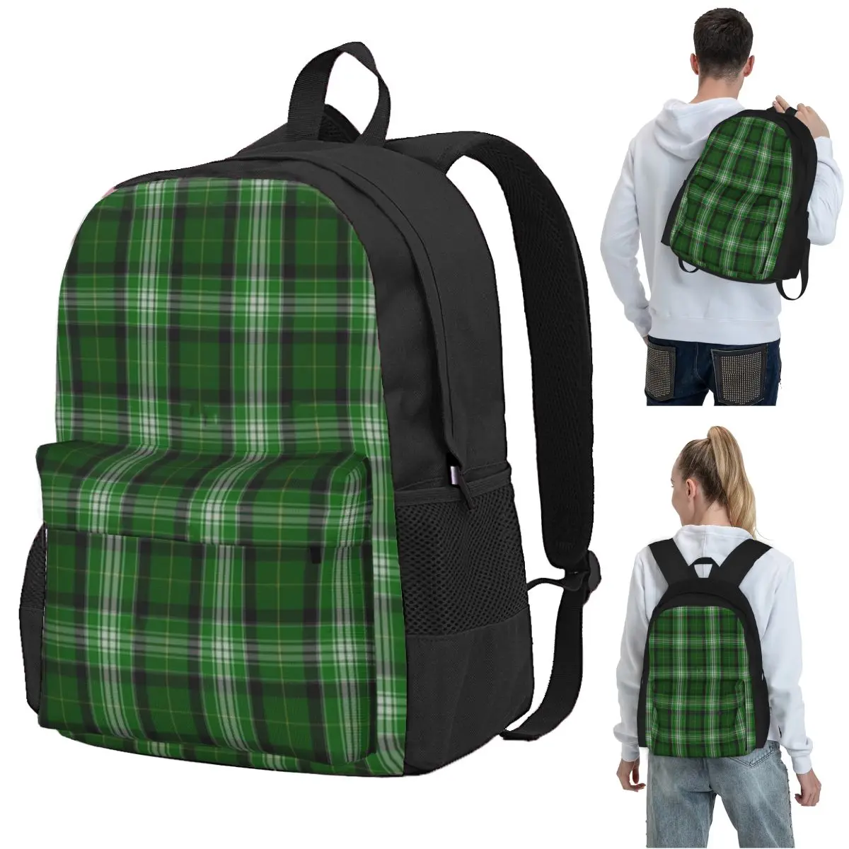 Green And White Scottish Tartan Flannel Plaid Backpack Student BookBag Kids School Bag Computer Shoulder Bags for Boys Girls