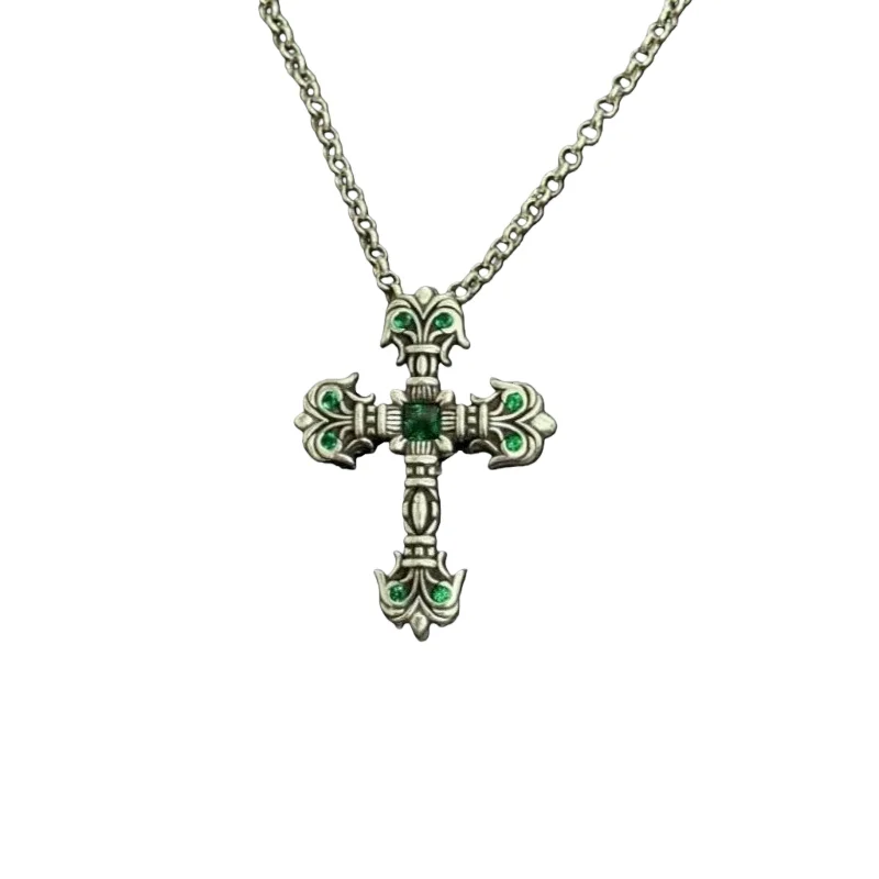 

Vintage Silver Ornate Cross Pendant Necklace with Emerald Accents – Dark Luxe Gothic Statement Jewelry
