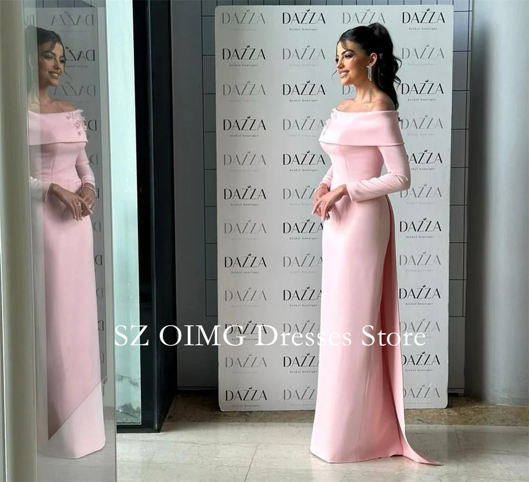 OIMG Saudi Arabia Crepe Satin Prom Dresses Off-Shoulder Dress Long Sleeves  Dress Formal Women Wedding Party Gowns Customized