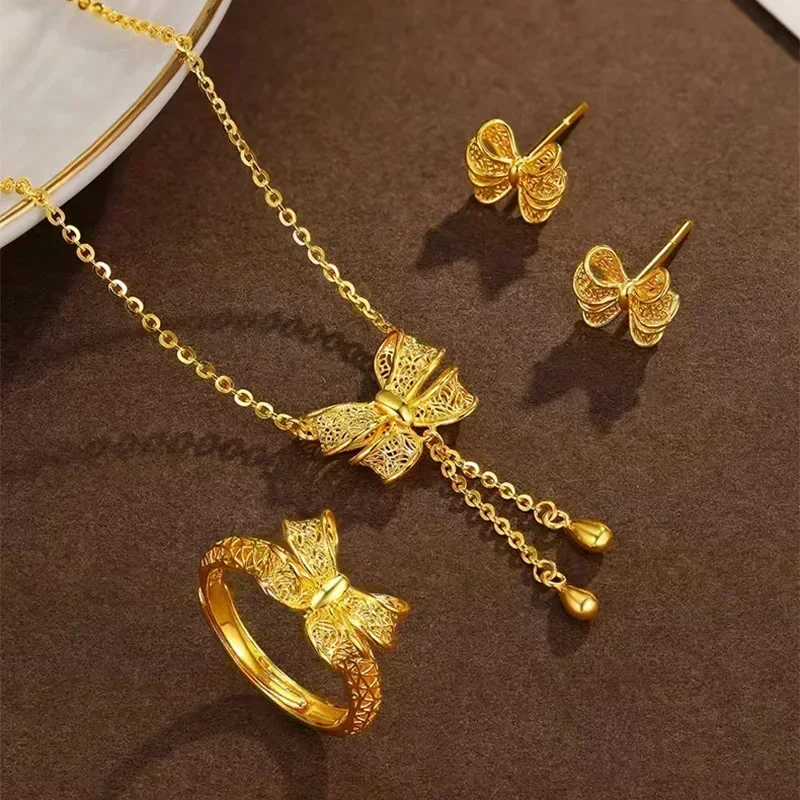 

New Fashion Bowknot Jewelry Sets for Women Necklace Rings Earrings Set Fine Jewelry Wedding Gift Jewelry