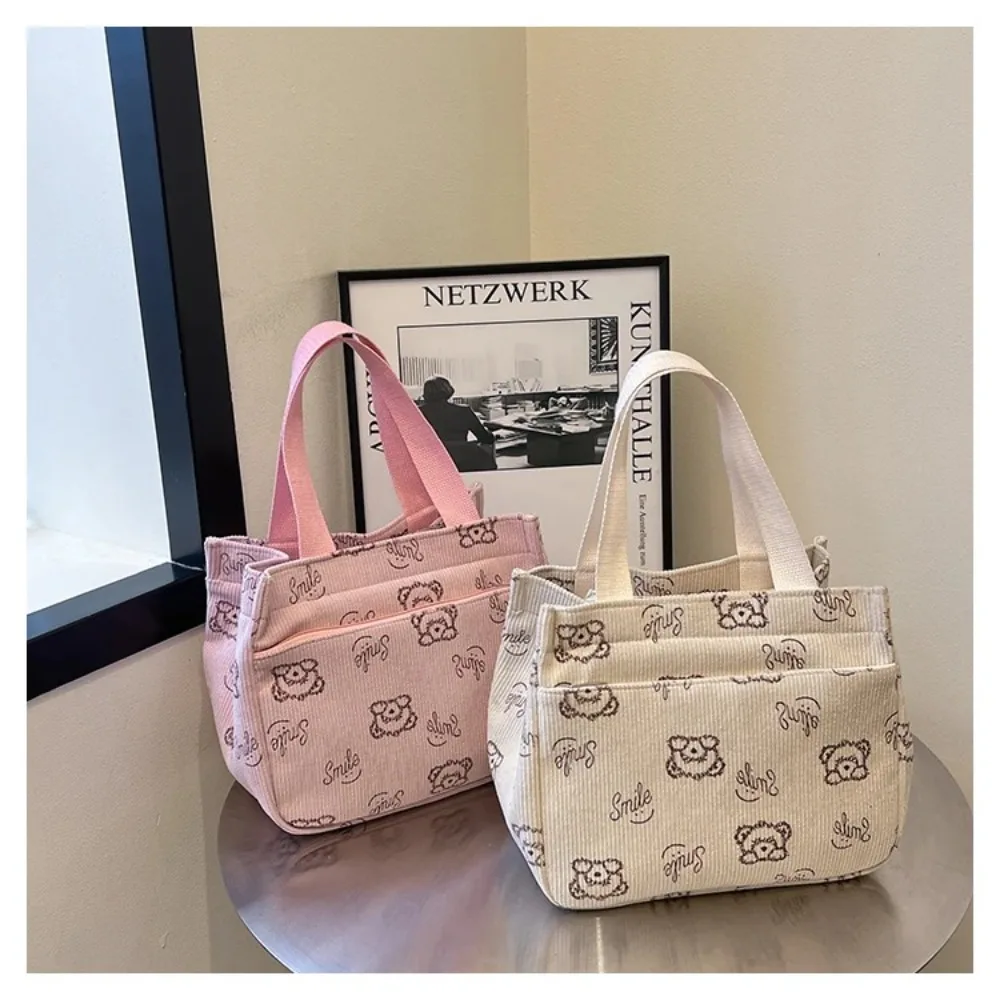 

Легкая вельветовая большая сумка с мультяшным медведем, большая вместительная ручная сумка, сумка для пикника, школьная сумка