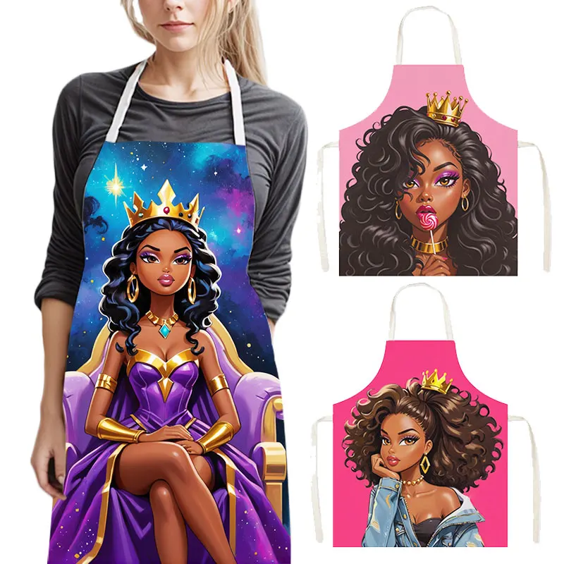 Black Women with Crown Print Kitchen Apron African Girl Pattern Baking Home Cleaning Clothing Chef Waiter Cooking Pinafore Gift