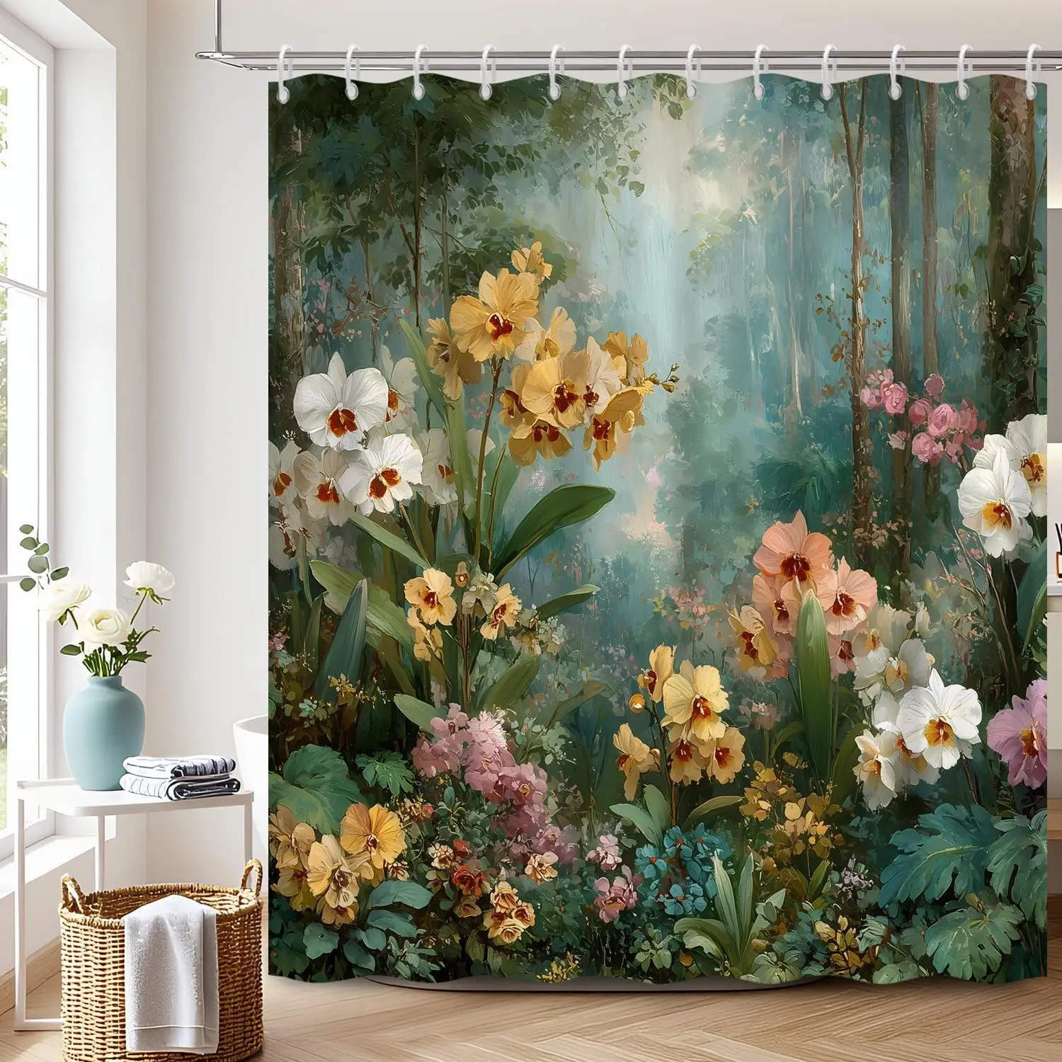 Luxurious Botanical Floral Shower Curtain Waterproof Tropical Jungle Forest Print Bathroom Decor Wall Tapestry Curtain Realistic
