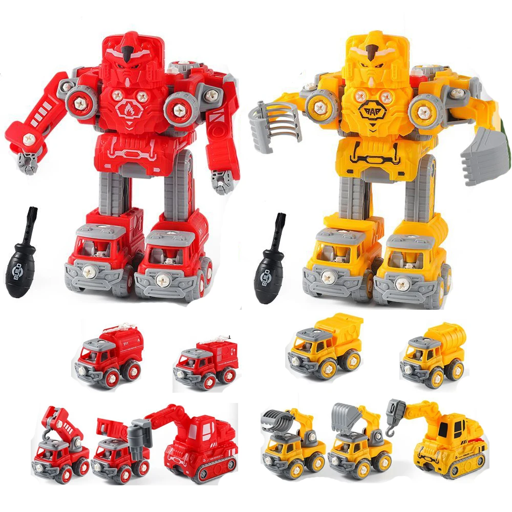 5 in 1 Take Apart Robots Trucks Vehicle DIY Construction Truck Toys Fire Engine Toy Screw Build Car Robot Toy for Boy Kids Gift