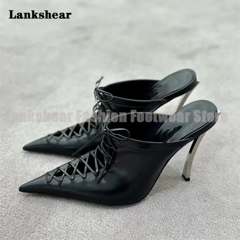 

Черные кожаные туфли-мюли на шнуровке с острым носком, на шпильке, без задника, для женщин, модные летние сандалии
