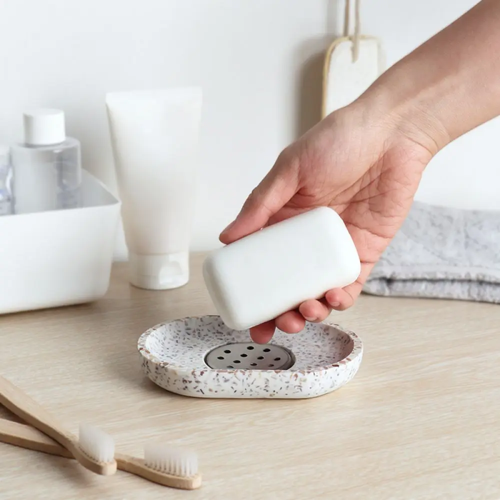 Sturdy Terrazzo Soap Dish Modern Oval Soap Holder Draining Soap Tray For Bathroom Sink Kitchen Counter Organizer