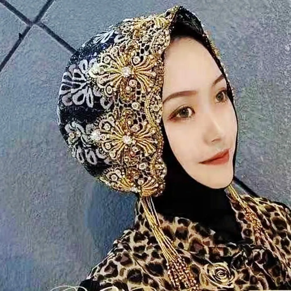 

Luxury Diamonds Turban Lace Headscarf Bonnet Hat Hijab Muslim Women Tassels Scarf Malaysia Prayer Islam Saudi Arabia Wedding Cap