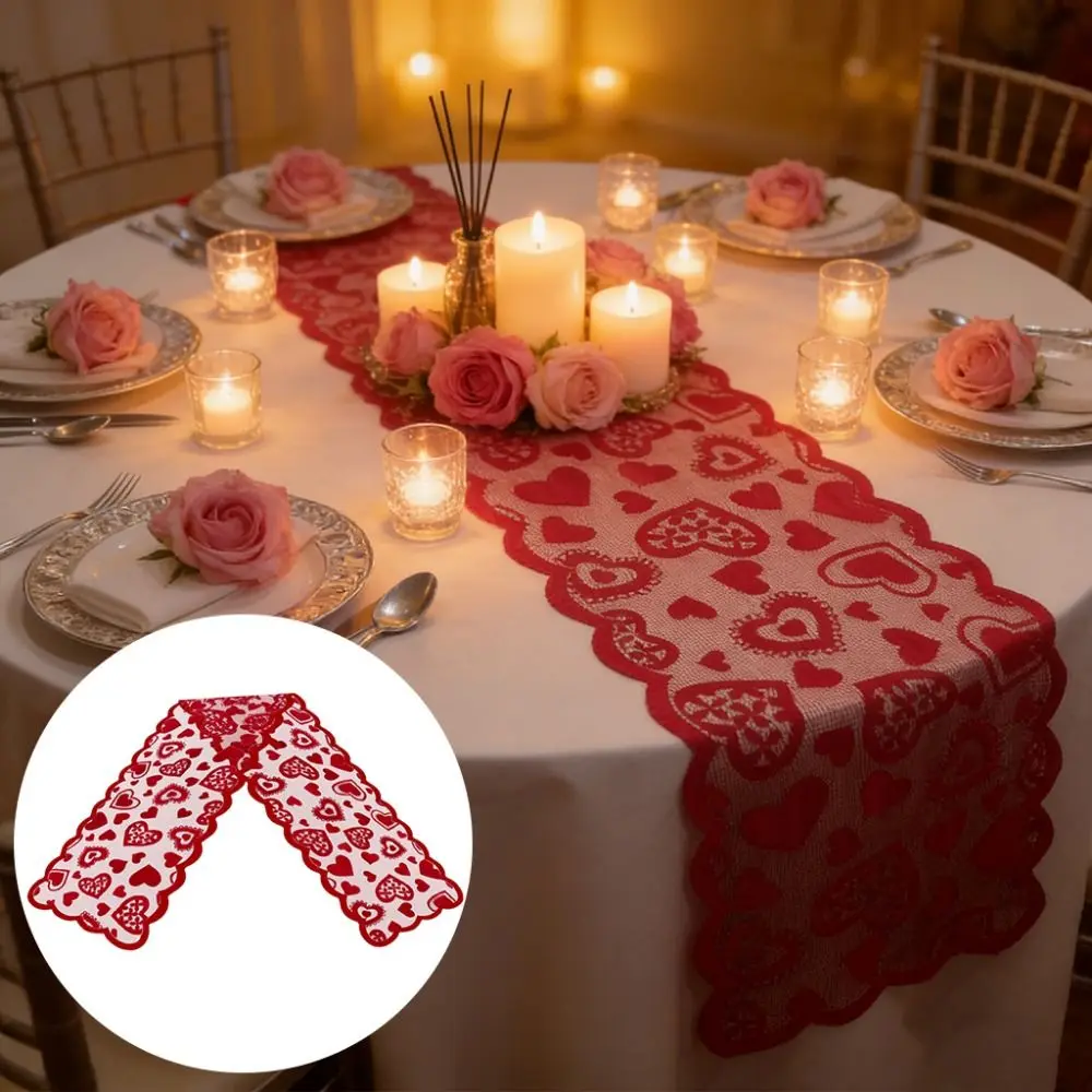 

Valentines Day Heart Shaped Table Runner Romantic Rectangular Red Lace Table Runner American European Table Flag Outdoor Party