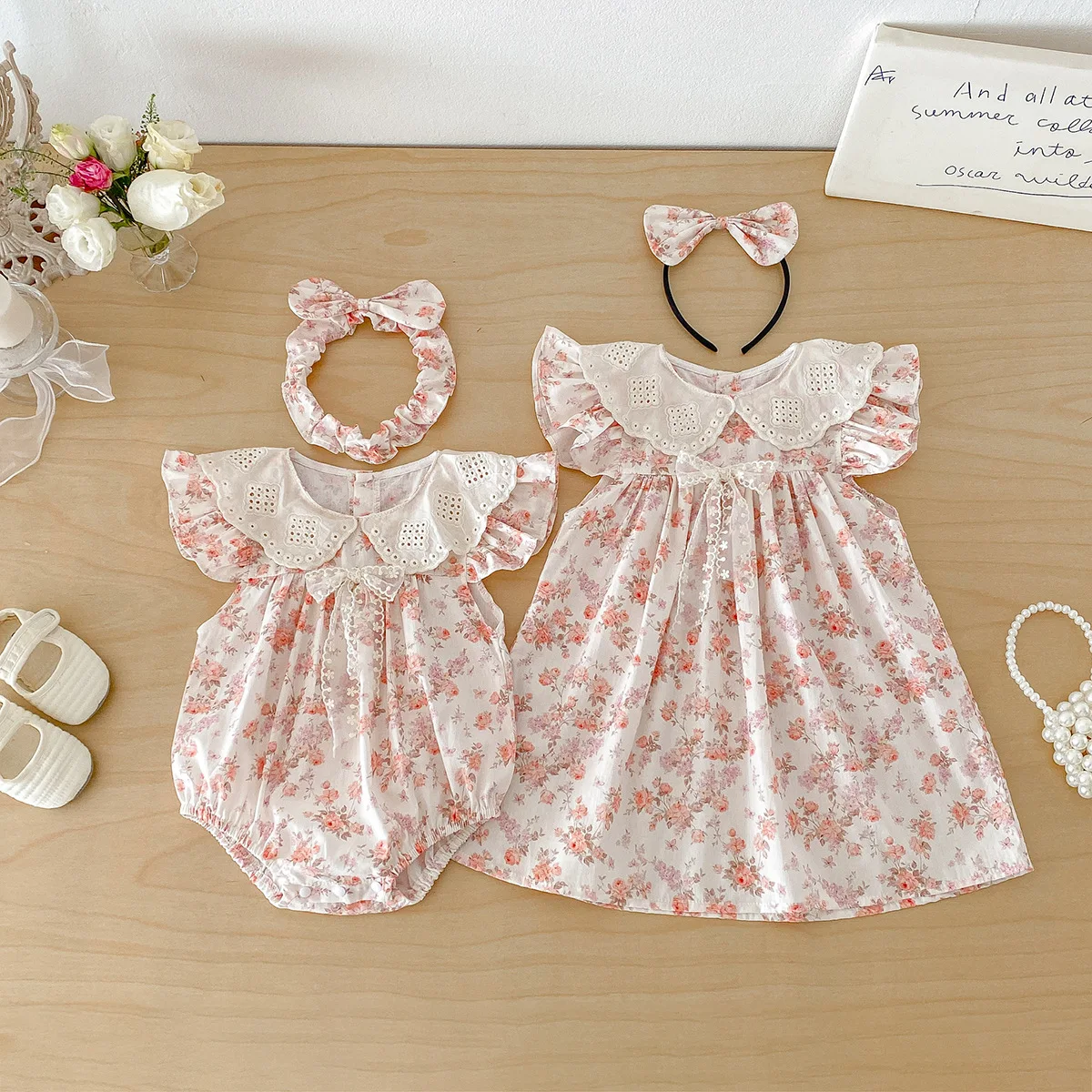 2026 Baby Toddler Floral Matching Outfits Flutter Sleeve Lace Collar Bodysuit Dress for Little & Big Sisters Cute Princess Sets