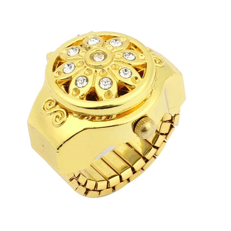 

Round Dial Crystal Flower Decor Elastic Band Finger Ring Watch Gold Tone for Lady