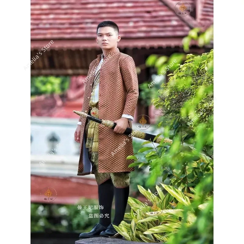 Thailand Traditional Clothing for Men Shirt Coat Pants Sets Autumn Winter Long-Sleeved Studio Travel Photography Thai Costumes