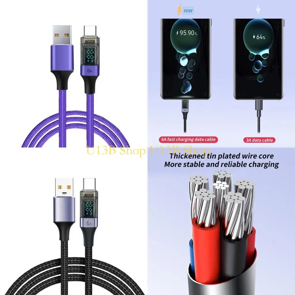 Cable carga carga rápida U13B A a Tipo C con pantalla LED alimentación, 66W/6A para teléfonos y tabletas