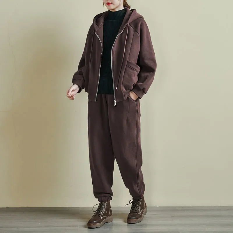 Women's Korean Loose Fleece Tracksuit Autumn Winter Thick Hooded Zip Jacket Harem Pants Casual Two Piece Outfit