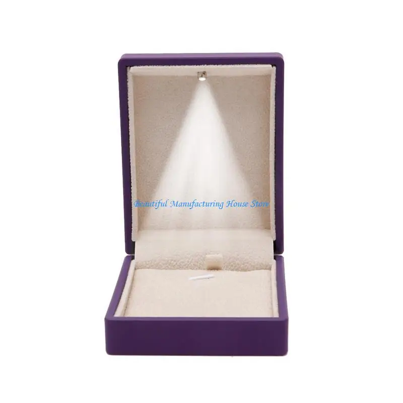 E56A Square Shaped Ring Gift Box with LED Light Plush Earring Jewelry for Case with Light Jewellry Display Box for Wedding