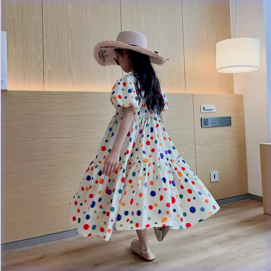 children Polka Dot Print Round neck  Dress, Elegant puff sleeve Dress Belted Dress For Summer girls A-line dress kid Clothing